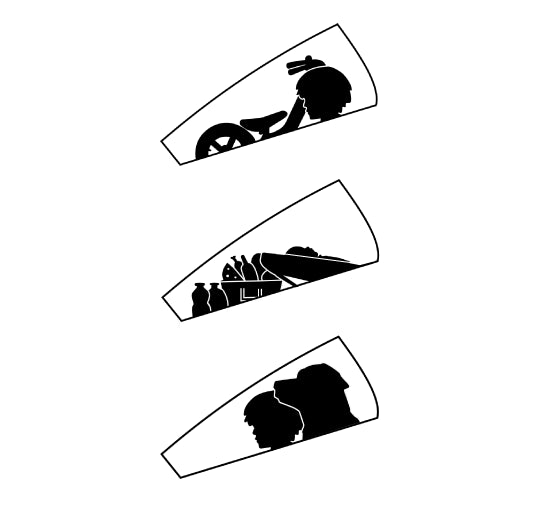 Three silhouette icons showing Croozer Yuuna modular trailer configurations for kid, cargo and dog transport